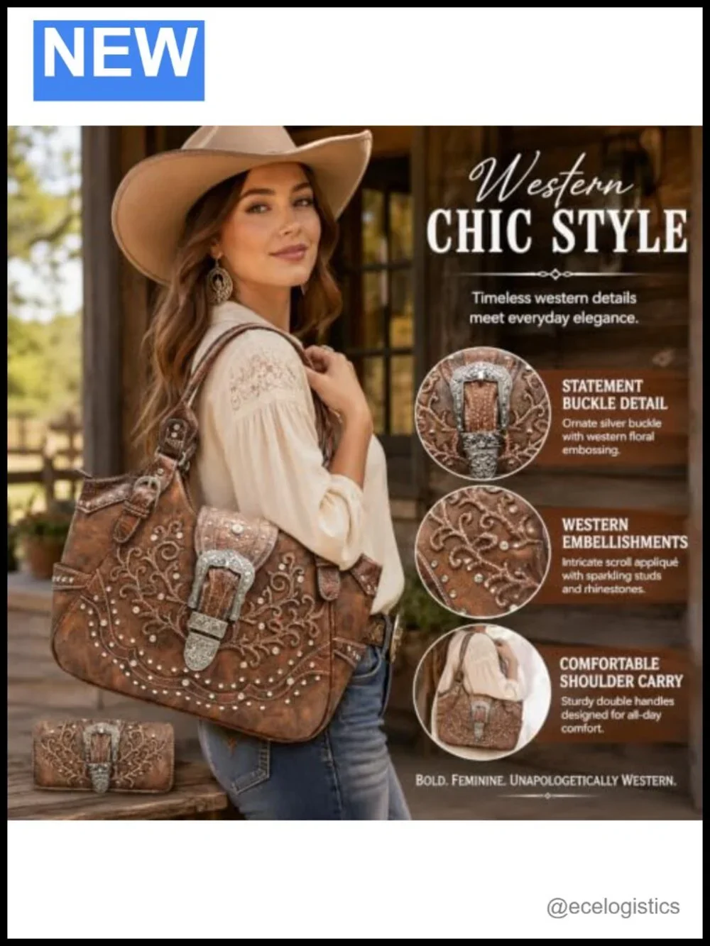 Western Cowgirl Handbag & Wallet Set with Faux Leather, Rhinestones